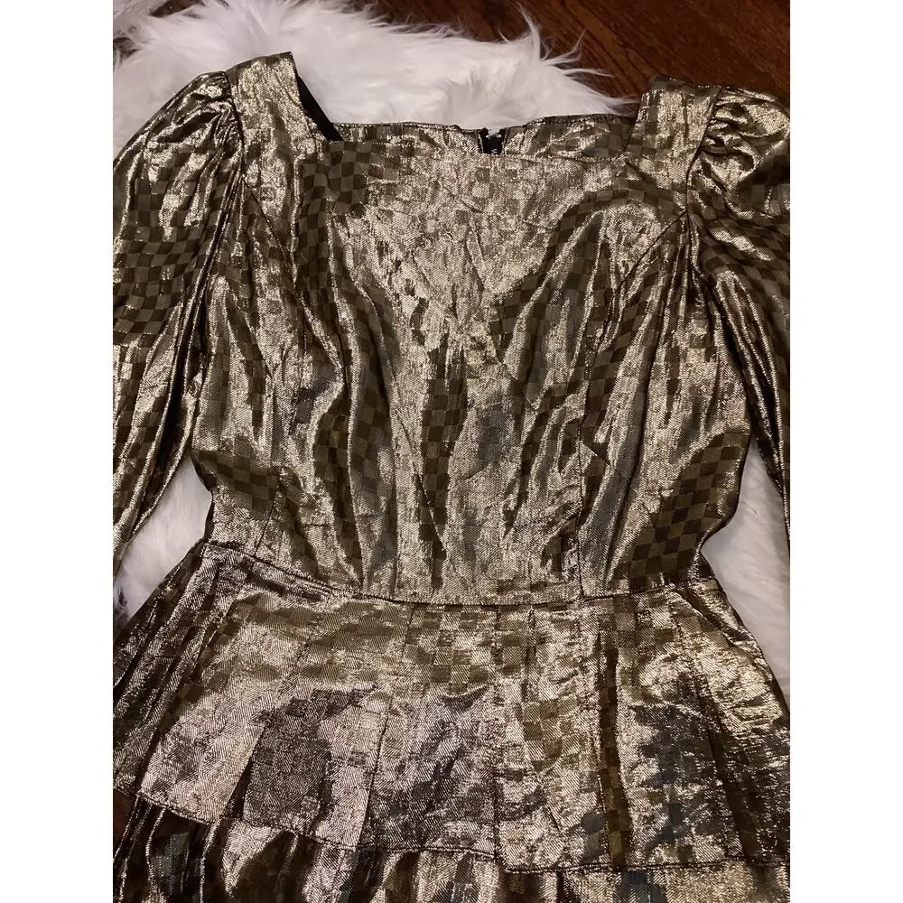 Trending Vintage Gold Metallic Check Lame 2pc Dress Midi Pencil Skirt Top S 24w